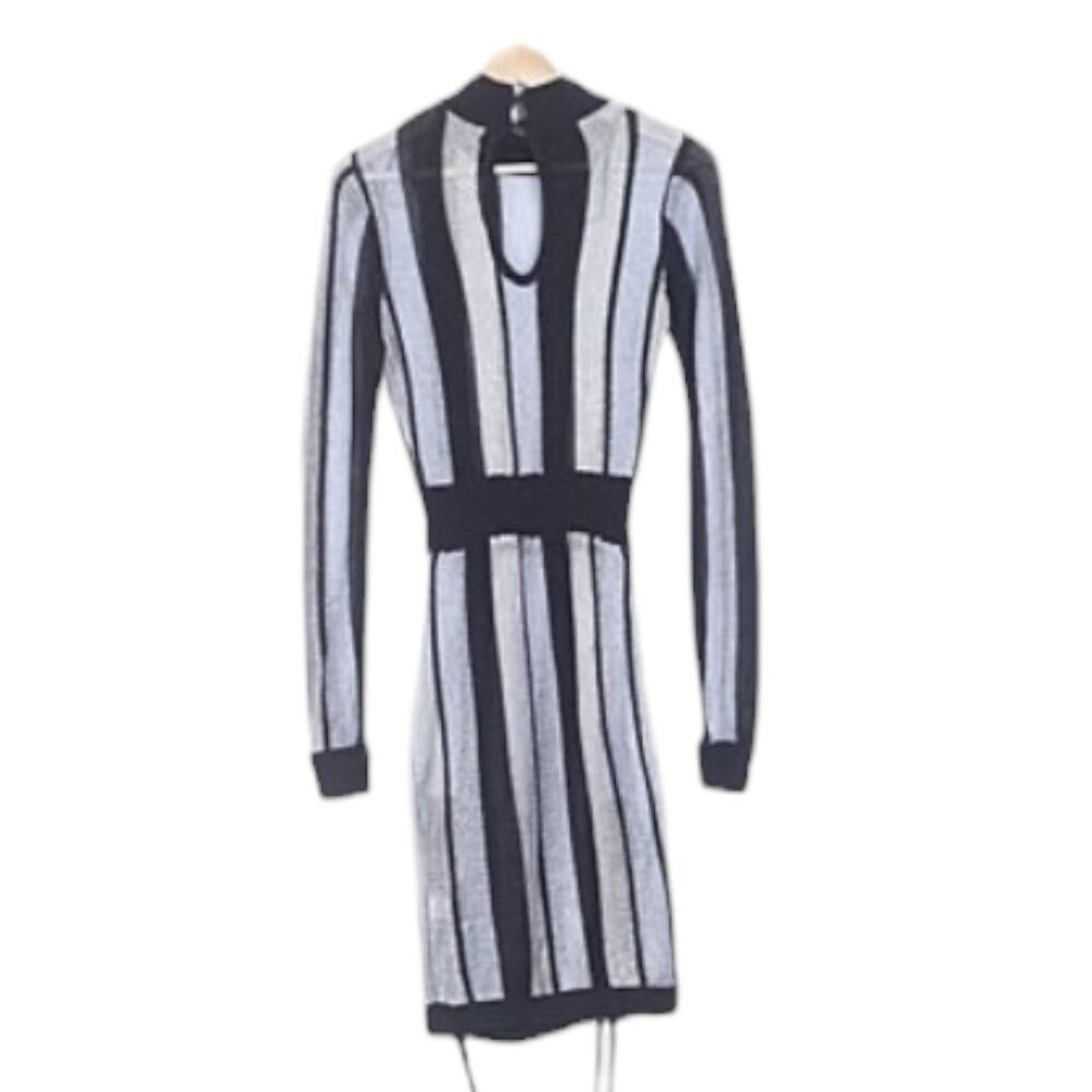 Black Silver Striped Bodycon Mini Dress Lace Up Sides Long Sleeve - Picture 3 of 16